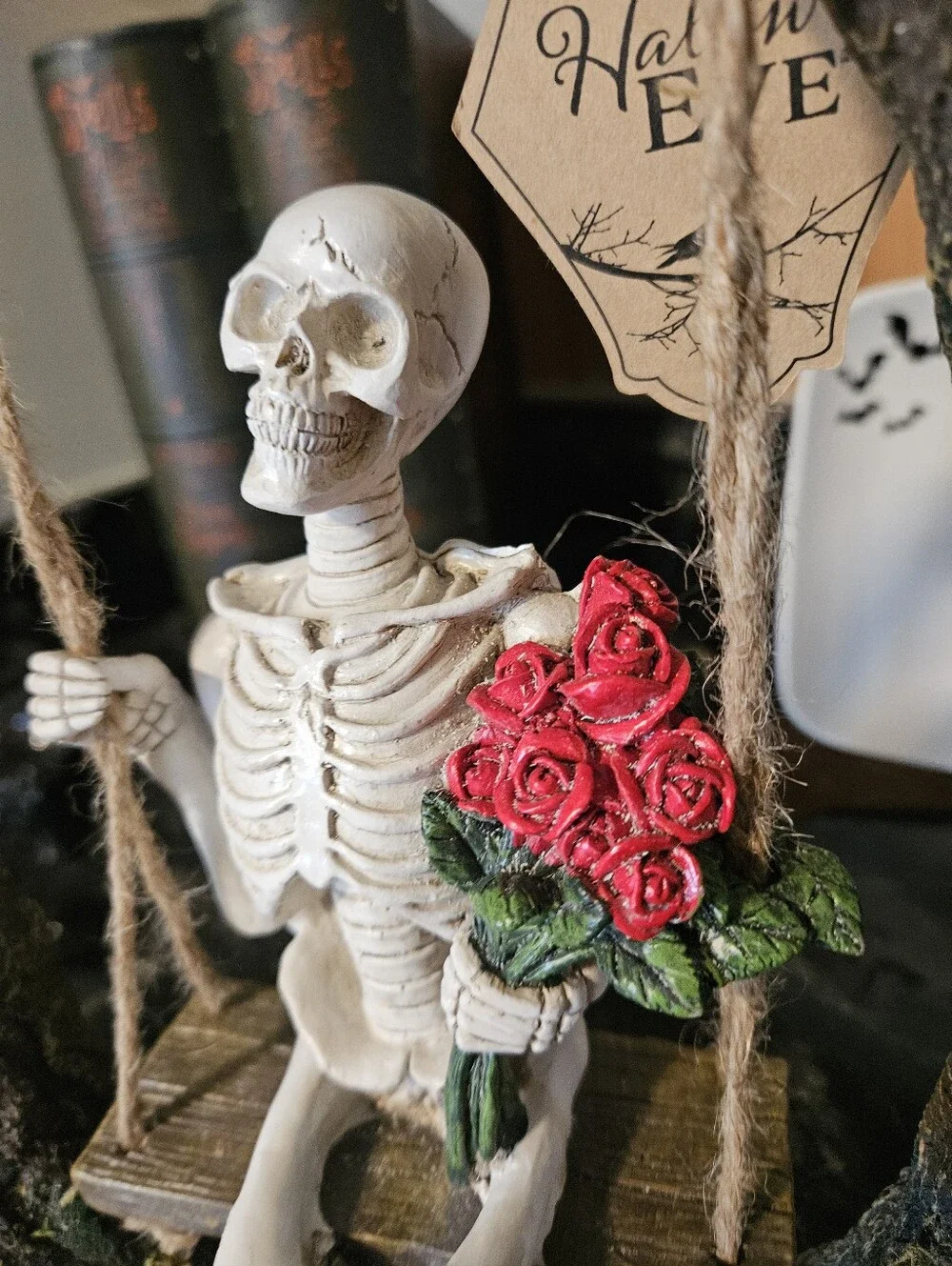 New With Tags Halloween Skeleton On Swing With Red Roses